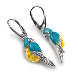Tropical Parrot Earrings in Silver, Yellow Amber and Turquoise