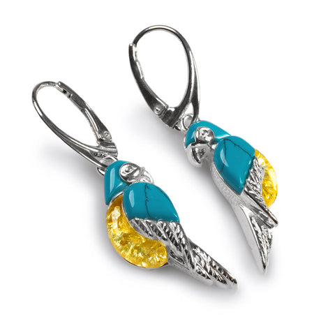 Tropical Parrot Earrings in Silver, Yellow Amber and Turquoise
