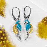 Tropical Parrot Earrings in Silver, Yellow Amber and Turquoise