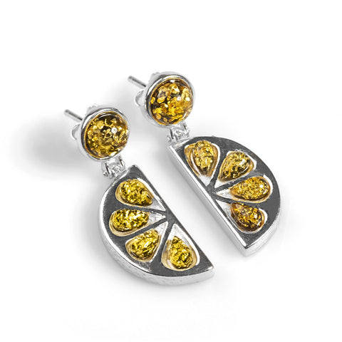 Lime Slice Fruit Drop Earrings in Silver and Green Amber