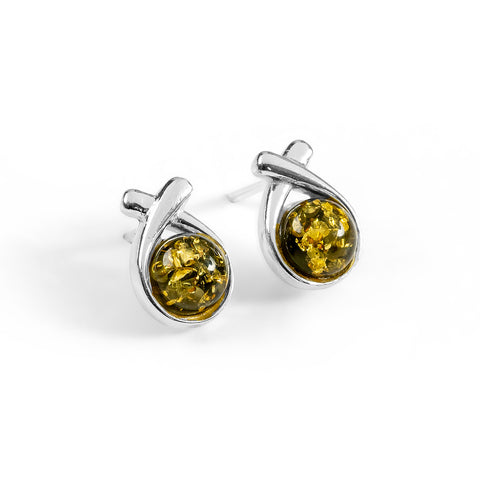 Sealed With A Kiss Stud Earrings in Silver and Green Amber