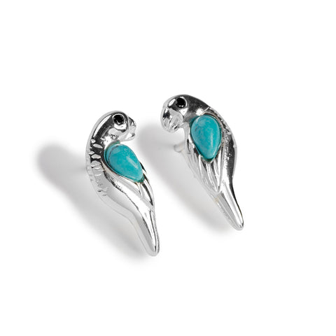 Parrot Stud Earrings in Silver and Turquoise