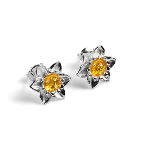 Daffodil Flower Stud Earrings in Silver and Yellow Amber