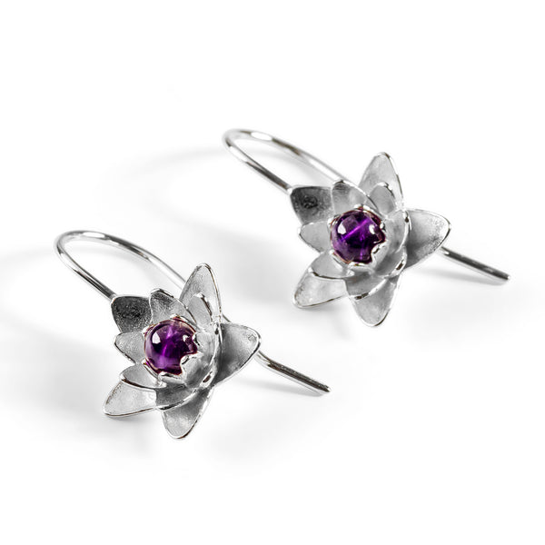 Pretty Lotus Flower Hook Earrings in Silver and Amethyst