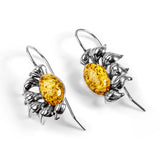 Ready to Bloom Sunflower Hook Earrings in Silver and Yellow Amber