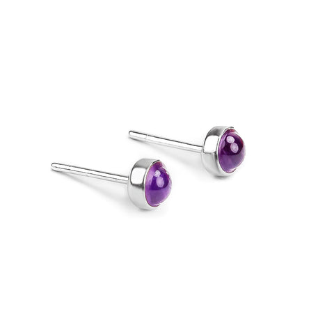 Minimalist Circle Stud Earrings in Silver and Amethyst
