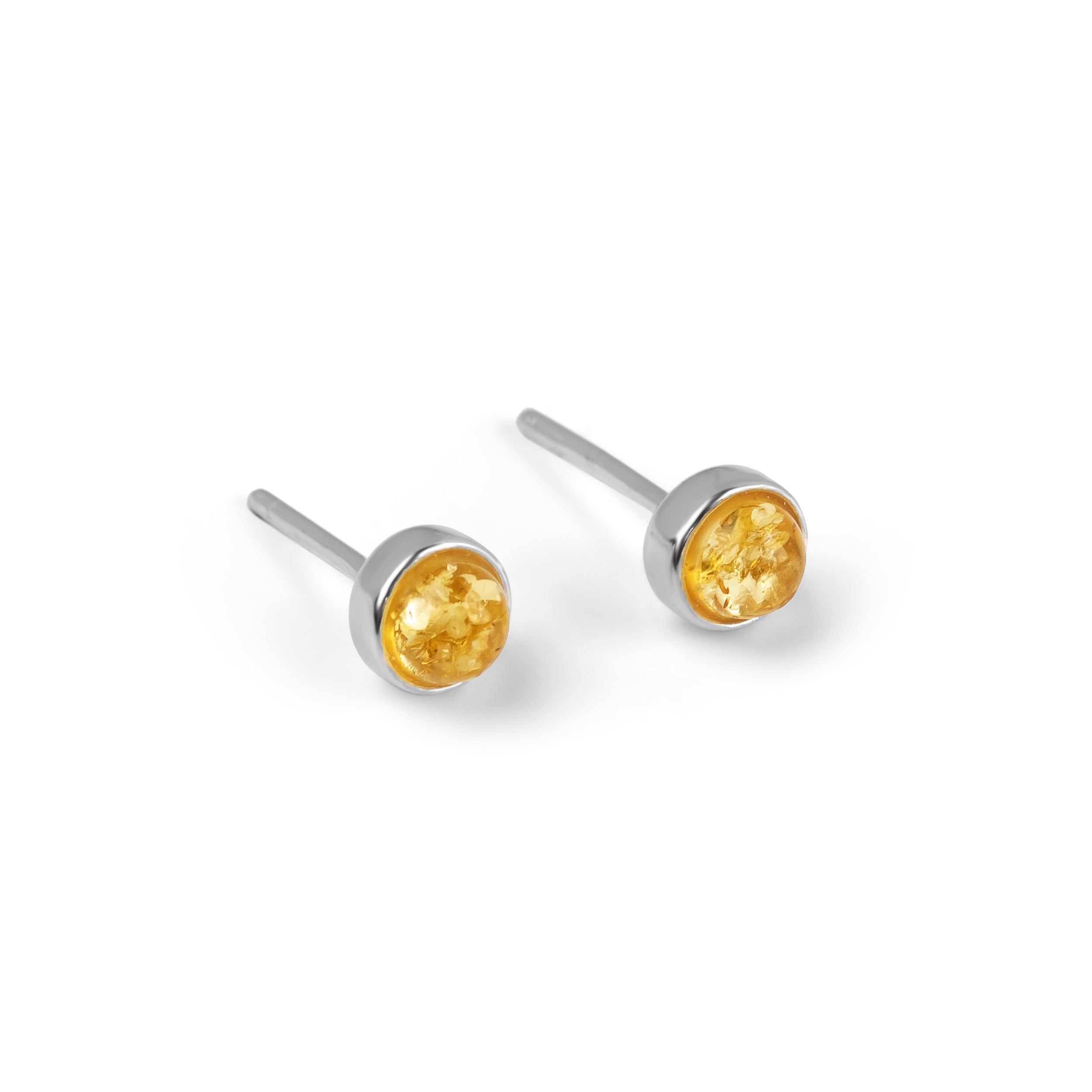 Minimalist Circle Stud Earrings in Silver and Green Amber