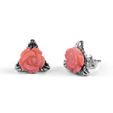 Rose Stud Earrings in Silver and Coral