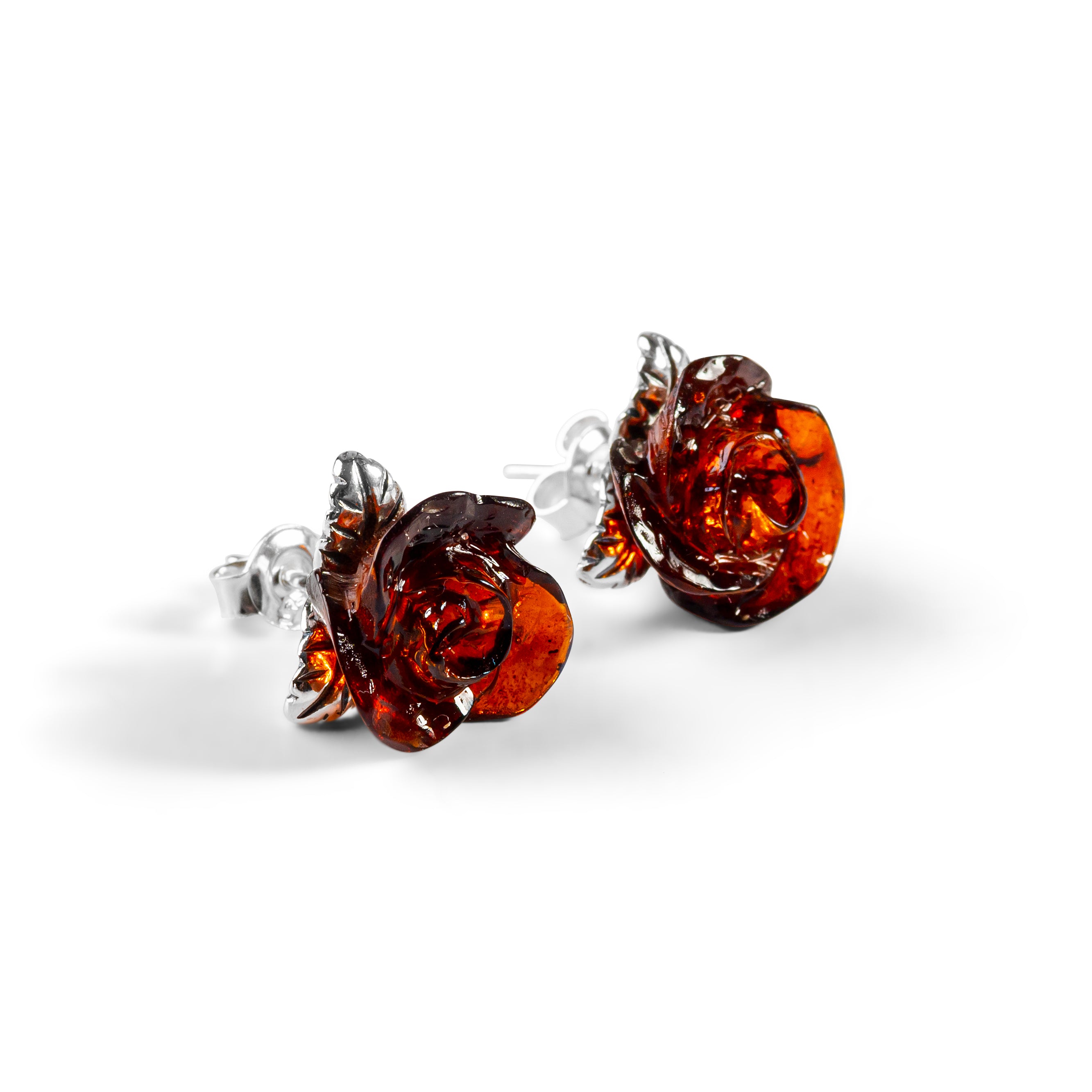 Rose Stud Earrings in Silver with 24ct Gold and Amber