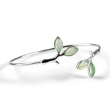 Simple Olive Leaf Branch Bangle in Silver and Prehnite