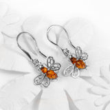 Tiny Honey Bee Drop Earrings in Silver and Amber