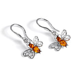 Tiny Honey Bee Drop Earrings in Silver and Amber
