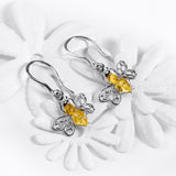 Honey Bee Drop Earrings in Silver and Yellow Amber