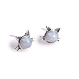 Cute Cat Face Stud Earrings in Silver and Blue Lace Agate
