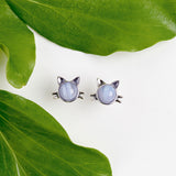 Cute Cat Face Stud Earrings in Silver and Blue Lace Agate