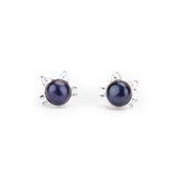 Cute Cat Face Stud Earrings in Silver and Pearl