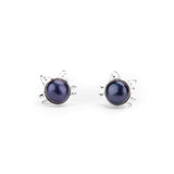 Cute Cat Face Stud Earrings in Silver and Black Pearl