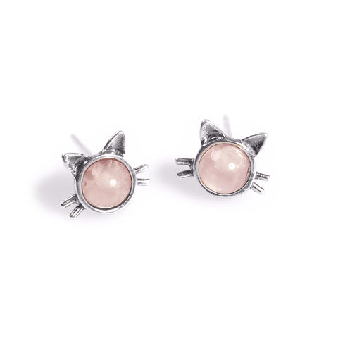 Cute Cat Face Stud Earrings in Silver and Rose Quartz