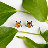 Cute Cat Face Stud Earrings in Silver and Cognac Amber