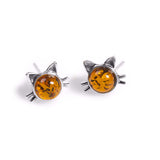 Cute Cat Face Stud Earrings in Silver and Cherry Amber