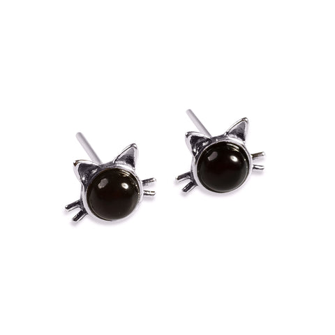 Cute Cat Face Stud Earrings in Silver and Cherry Amber