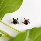Cute Cat Face Stud Earrings in Silver and Cherry Amber