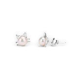 Cute Cat Face Stud Earrings in Silver and Pearl