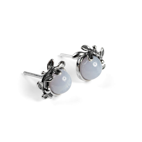 Leaf Motif Stud Earrings in Silver and Blue Lace Agate