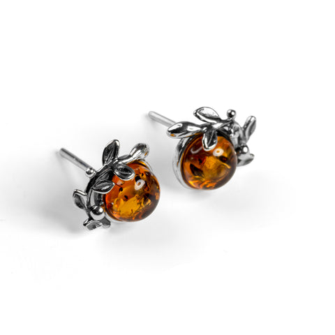 Leaf Motif Stud Earrings in Silver and Cognac Amber