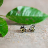 Leaf Motif Stud Earrings in Silver and Green Amber