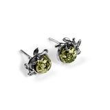 Leaf Motif Stud Earrings in Silver and Green Amber