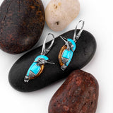 Kingfisher Bird Drop Earrings in Silver, Turquoise and Amber