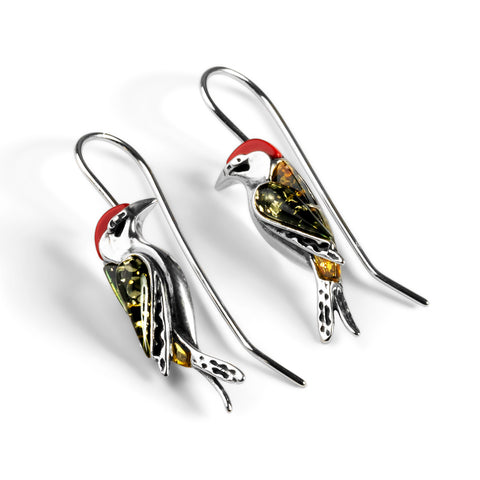 Green Woodpecker Bird Hook Earrings in Silver, Amber and Coral