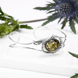 Feather Design Bangle in Silver and Green Amber