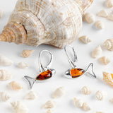 Little Fish / Ichthys Fish Earrings in Silver and Amber