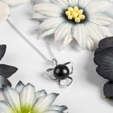 Flower Petal Necklace in Silver and Black Pearl