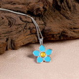 Handpainted Forget Me Not Necklace in Silver and Yellow Amber