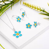 Handpainted Forget Me Not Drop Earrings in Silver and Amber