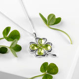 Lucky Four Leaf Clover Necklace in Silver & Peridot