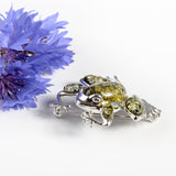 Frog Brooch in Silver and Green Amber