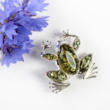 Frog Brooch in Silver and Green Amber