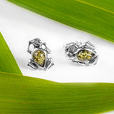 Frog Stud Earrings in Silver and Green Amber