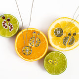 Lime Slice Fruit Drop Earrings in Silver and Green Amber