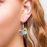 Ginkgo Flower Hook Earrings in Silver with Garnet, Peridot & Citrine