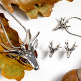 Stag Head Brooch in Silver and Amber