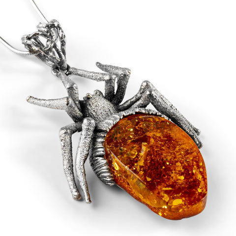 Mysterious Handmade Spider Necklace in Silver and Amber