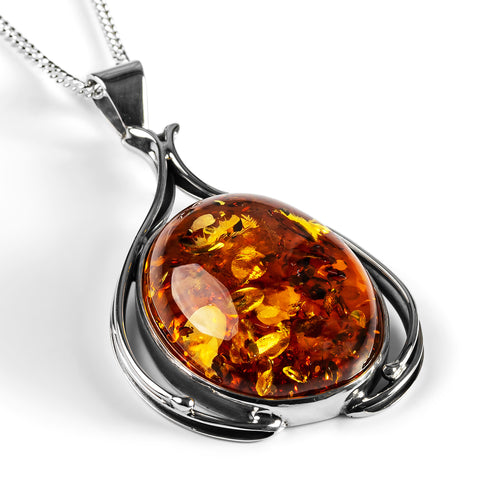 Fabulous Cognac Amber and Silver Necklace - Natural Designer Gemstone