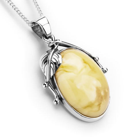 Oval Milky Baltic Amber and Silver Necklace - Natural Designer Gemstone