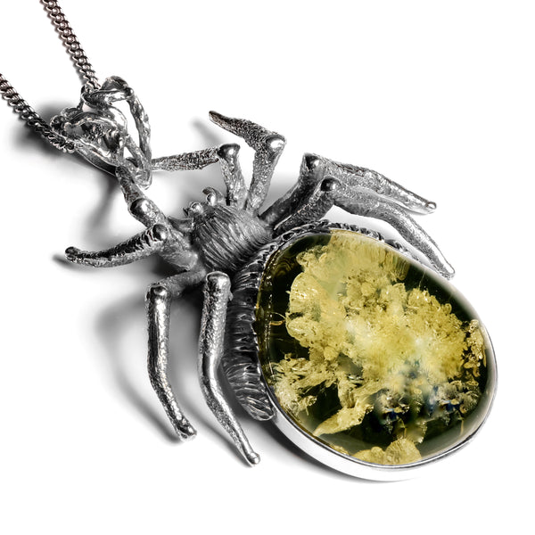 'Hair-raising' Handmade Spider Necklace in Silver and Green Amber