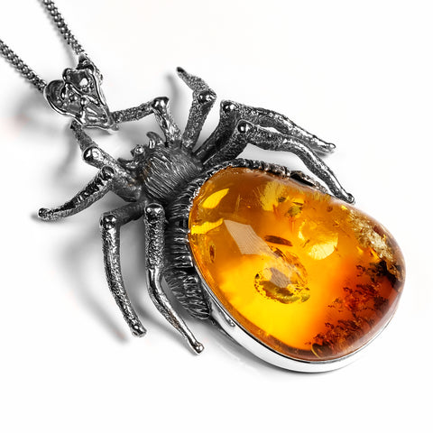 'Spine-Chilling' Handmade Spider Necklace in Silver and Baltic Amber